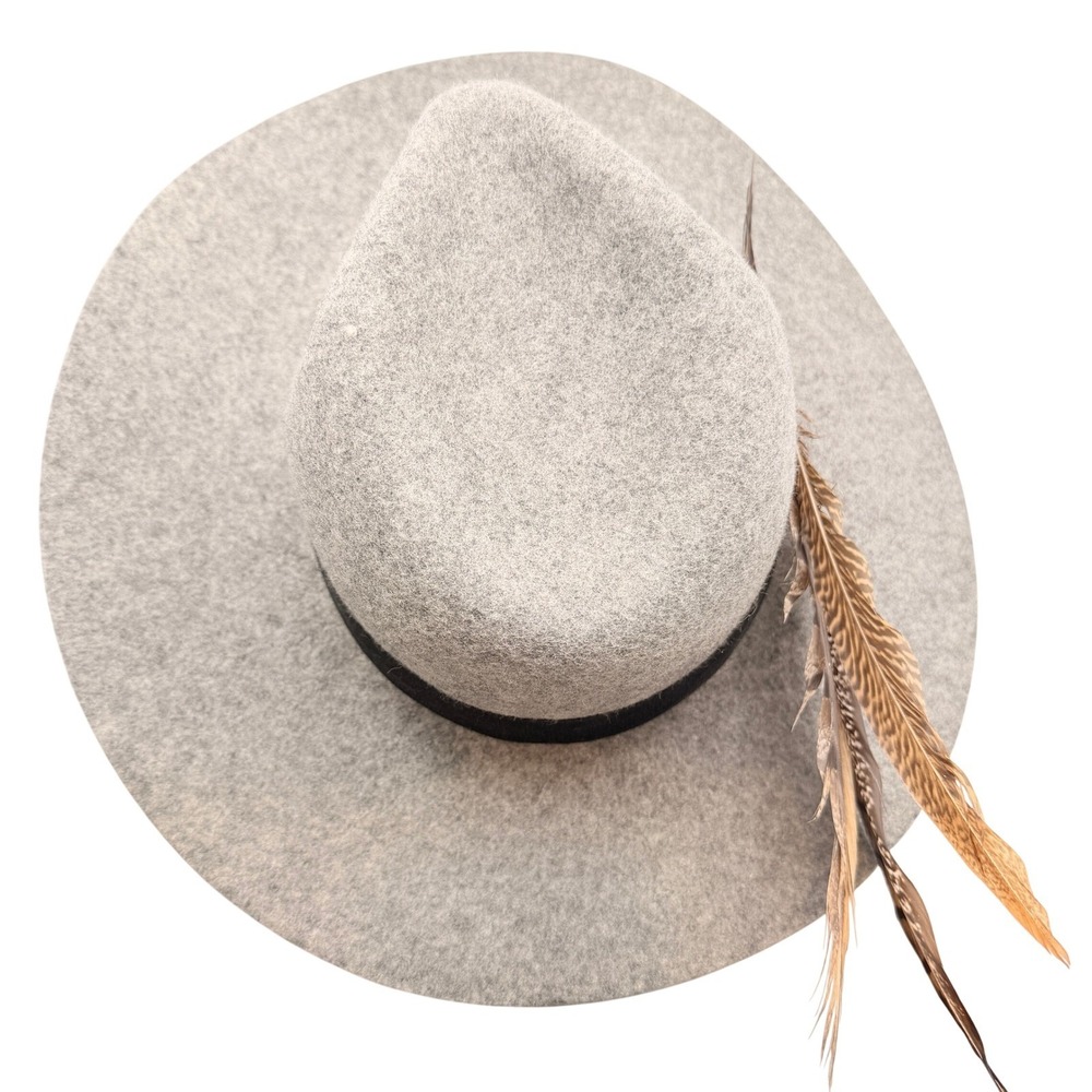 Halogen Womens Wool Fedora Hat Feather Grey Wide Brim Boho Western Fall Winter - Picture 3 of 9